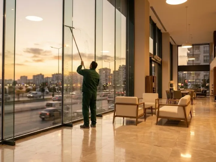 Mersin showroom temizliği sırasında geniş cam cephenin içini silecekle temizleyen görevli
