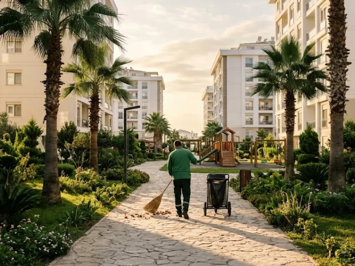 Mersin site ortak alan temizliği sırasında bloklar arası yürüyüş yolunu süpüren görevli