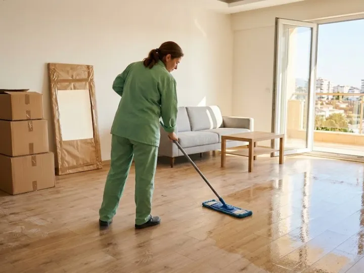 Mersin taşınma sonrası temizlikte görevli kolilerin yanında salon zeminini siliyor