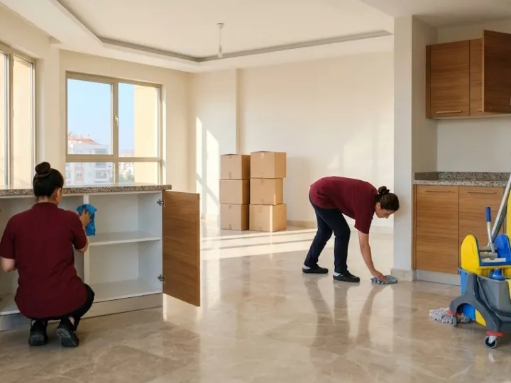 Mersin taşınma temizliği sonrası boş, aydınlık ve tertemiz bir oturma odasında zemin ve cam temizliği yapan ekip