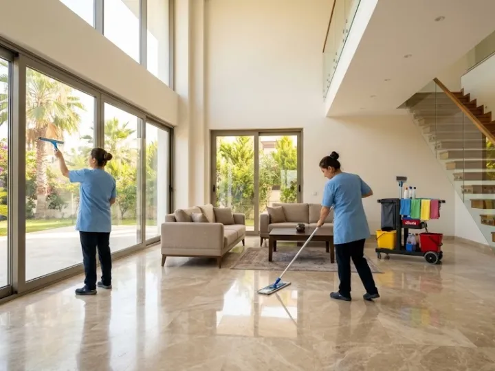 Mersin villa temizliği sırasında geniş ve aydınlık bir villa salonunda zemini ve camı temizleyen iki kişilik ekip