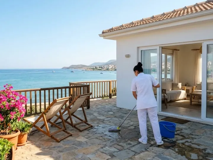 Mersin yazlık ev temizliğinde görevli deniz manzaralı terasın zeminini temizliyor