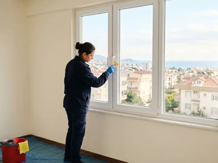 Mersin inşaat sonrası temizlik sırasında pencere çerçevesindeki boya izini temizleyen personel